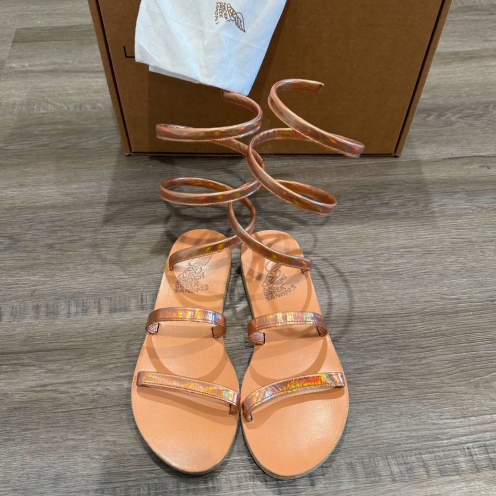 Ancient Greek Sandals Ofis Iridescent Rame Wrap Around Ankle Sandals